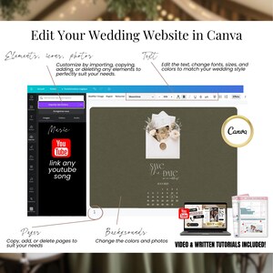 Edit wedding website Canva template, customize digital wedding invitation, green wedding save the date design, add pages photos text colors, YouTube music integration, editable Canva wedding website template mobile invite