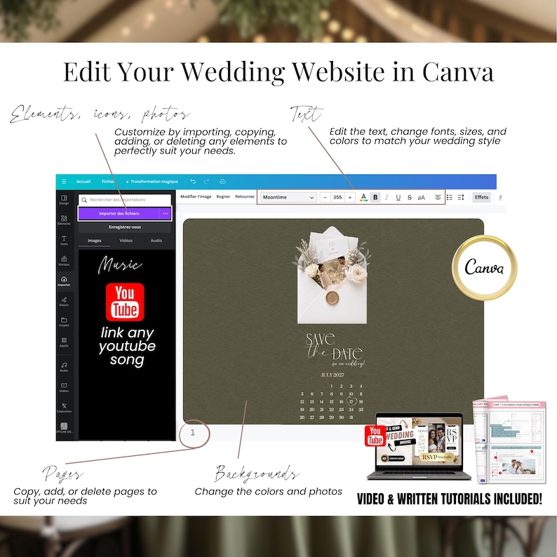 Edit wedding website Canva template, customize digital wedding invitation, green wedding save the date design, add pages photos text colors, YouTube music integration, editable Canva wedding website template mobile invite