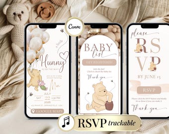 Winnie Puuh Babyparty-Einladung Mädchen Junge Digitale Einladungsvorlage Bearbeitbare Winnie-E-Einladung mit Online-RSVP Geschlechtsneutrales Teddybär-Thema