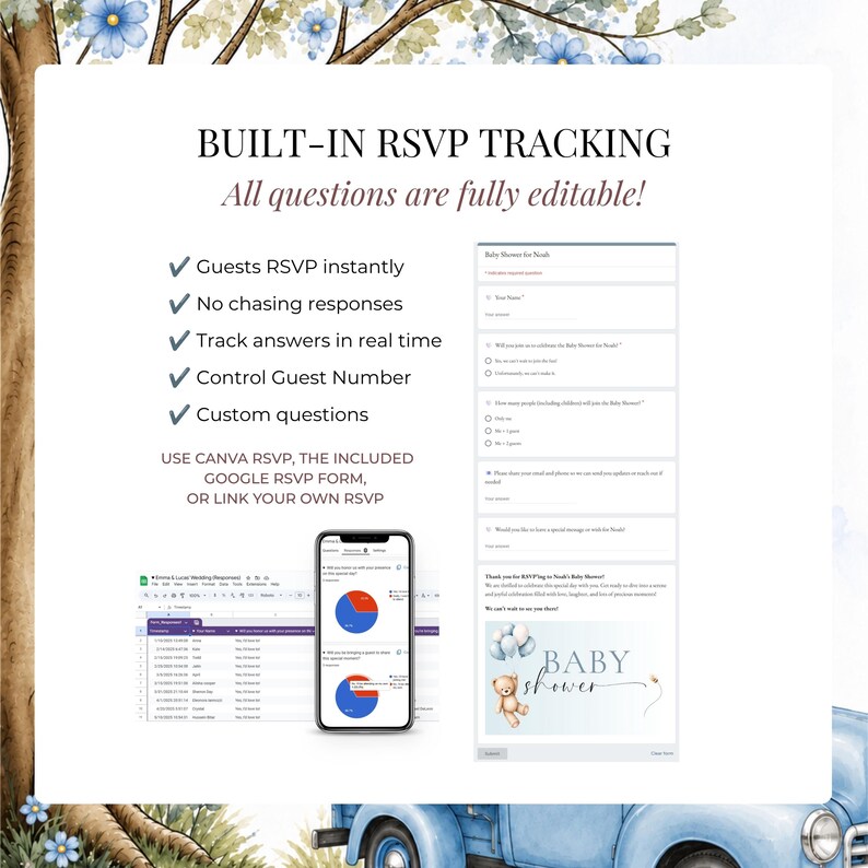 Built-in Google Form RSVP tracking for Teddy Bear Baby Shower invitation with editable RSVP questions, guest management, real-time responses and Canva baby shower website template.