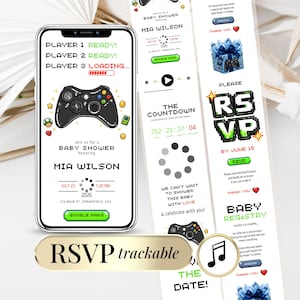May include: A digital baby shower invitation displayed on a smartphone screen featuring pixelated video game graphics, a black game controller, and text including PLAYER 1 READY, MIA WILSON, and RSVP. The design uses a white background with green accents.