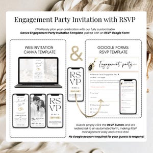 Engagement party invitation Canva template with RSVP Google Form, editable website invitation and automated RSVP system, digital wedding engagement invite bundle with easy guest response tracking