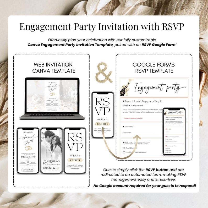 Engagement party invitation Canva template with RSVP Google Form, editable website invitation and automated RSVP system, digital wedding engagement invite bundle with easy guest response tracking