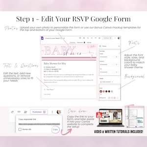 Step 1 guide to edit RSVP Google Form for Pink Bow Baby Shower – Customize text, questions, fonts, colors, backgrounds, and images to match your theme. Includes mockup templates for header and footer. Copy the RSVP link to embed in your Canva invitation. Designed for girl baby showers with coquette pink design. Tutorials included for easy setup and guest tracking.