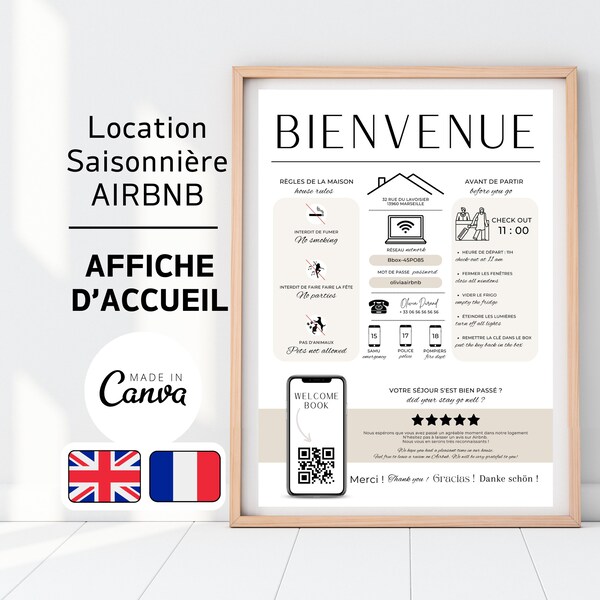 Airbnb Affiche de Bienvenue en français et anglais, Template Canva , French and English Airbnb welcome sign, Airbnb Canva, Airbnb bienvenue