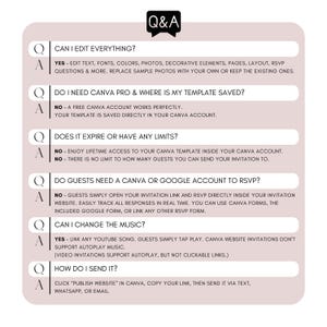 Wedding invitation FAQ Canva template explaining editing options, RSVP setup, Canva account requirements, music playback and how to send an interactive wedding website invitation