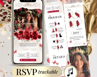Sito web per inviti alla Quinceañera – Rosso e oro, RSVP, modello Canva modificabile (digitale)