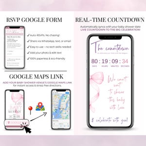 RSVP Google Form and real-time countdown for Pink Bow Baby Shower invitation – Includes Google Maps link for venue directions, live countdown synced to your event date, and easy RSVP collection. Fully editable Canva evite for girl baby shower with coquette pink bow design. Paperless and eco-friendly option for modern digital baby shower planning with location and time tracking.