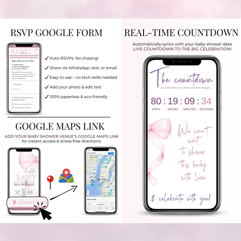 RSVP Google Form and real-time countdown for Pink Bow Baby Shower invitation – Includes Google Maps link for venue directions, live countdown synced to your event date, and easy RSVP collection. Fully editable Canva evite for girl baby shower with coquette pink bow design. Paperless and eco-friendly option for modern digital baby shower planning with location and time tracking.