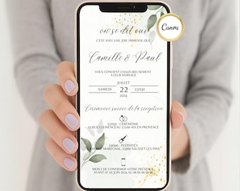 Wedding Invitations, Customizable Wedding Invitations - Canva Template, Invitations, Video, Digital, SMS Invitations, Canva Template in French