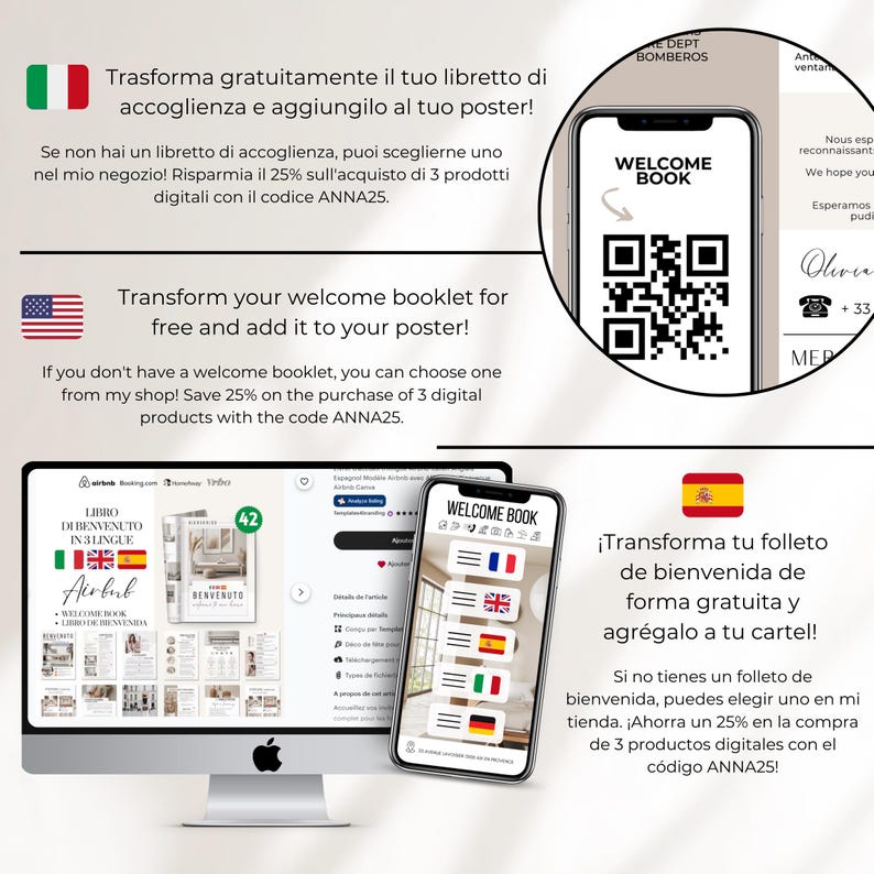 May include: A digital marketing graphic with a phone screen displaying a welcome book in multiple languages. The text on the graphic says "Transform your welcome booklet for free and add it to your poster!" and "If you don't have a welcome booklet, you can choose one from my shop! Save 25% on the purchase of 3 digital products with the code ANNA25."
