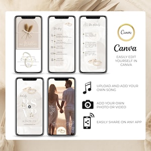 Editable animated wedding video invitation template in Canva with 5 customizable mobile pages: cover, wedding schedule, event details, RSVP, and photo. Add your own music, videos, and photos. Perfect digital invite to send by text, WhatsApp, or email. Paperless and easy to personalize for modern couples planning eco-friendly weddings.