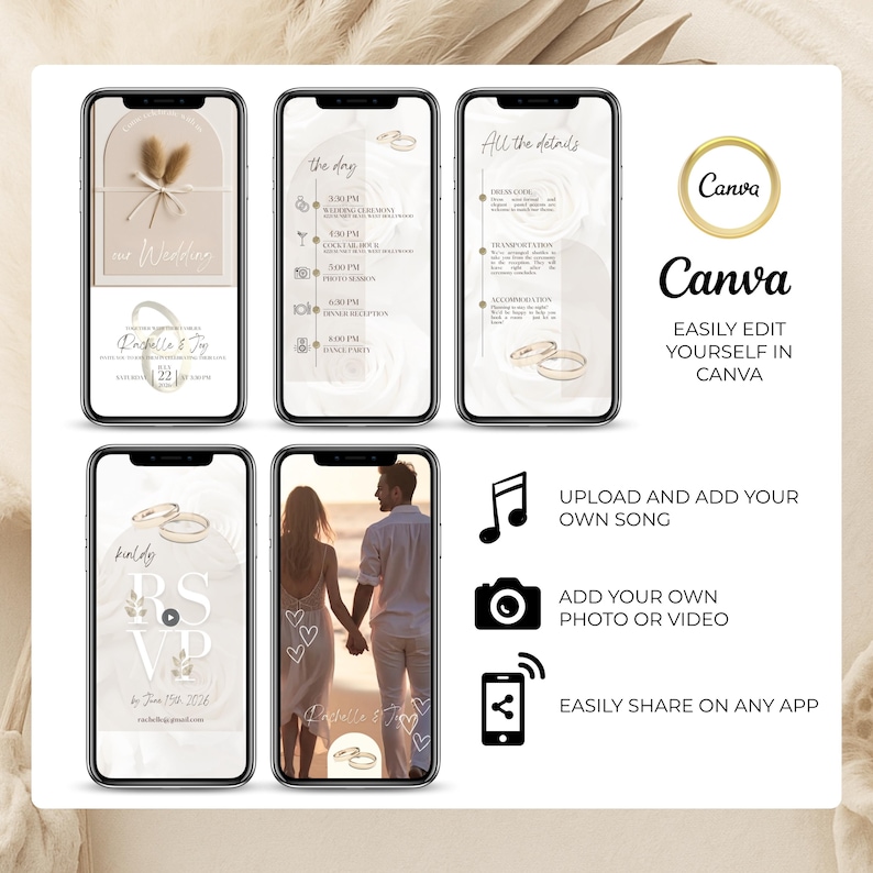 Editable animated wedding video invitation template in Canva with 5 customizable mobile pages: cover, wedding schedule, event details, RSVP, and photo. Add your own music, videos, and photos. Perfect digital invite to send by text, WhatsApp, or email. Paperless and easy to personalize for modern couples planning eco-friendly weddings.