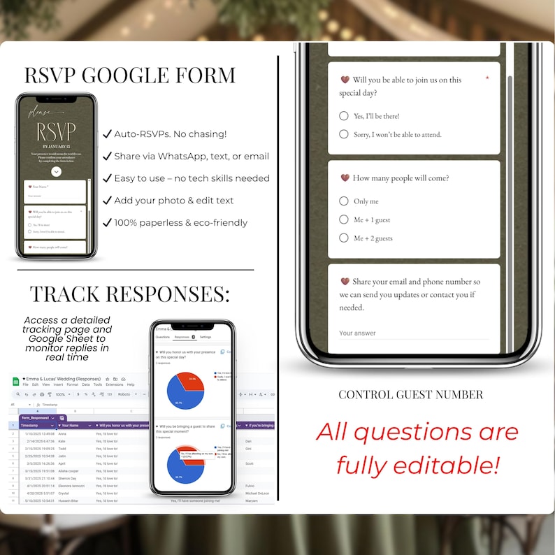 Track wedding RSVP responses Google Sheets, digital wedding invitation with RSVP tracking, Canva wedding website template, manage guest list online, wedding RSVP form analytics, paperless wedding invite system