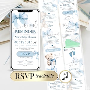 May include: A smartphone displaying a digital baby shower invitation with light blue bows and a teddy bear graphic. The screen shows text including Kind Reminder, Noa's Baby Shower, RSVP, and event details for July 22, 2025. A gold button reads RSVP trackable.