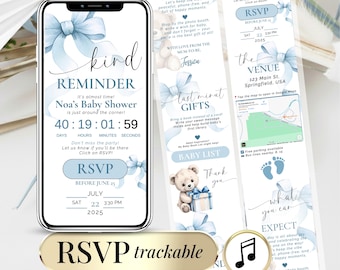 Baby Shower RSVP Reminder, Blue Bow, Editable Invitation (Digital)
