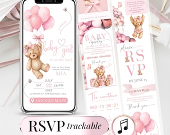 Pink Teddy Bear Baby Shower Invitation, Editable Canva Website Template (Digital Download)