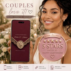 Top selling burgundy gold wedding website invitation with trackable RSVP held by bride, featuring five star rating badge, mobile friendly design and instant sharing features