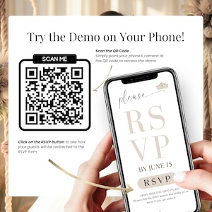 Try the demo of this digital Quinceañera RSVP invitation on your phone. Scan the QR code to preview the editable Canva website and RSVP form. Elegant champagne & gold design, Sweet 15 invite with mobile layout and RSVP tracker. Guests click to respond online—no Google account required.