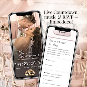 Try the wedding invitation demo on your phone – blush pink digital wedding invite with QR code, online RSVP form, and modern animated Canva design.