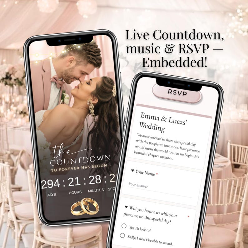 Try the wedding invitation demo on your phone – blush pink digital wedding invite with QR code, online RSVP form, and modern animated Canva design.