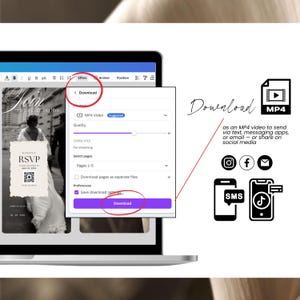 Downloading a digital wedding invite as an MP4 video from Canva, ready to share via Instagram, Facebook, email, SMS or WhatsApp.