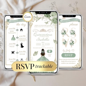 Quinceañera Invitation Sage Green Digital RSVP Online - Mis Quince 15 Anos Canva Editable Template Sweet 15 Birthday, Floral Sweet 16 Invite