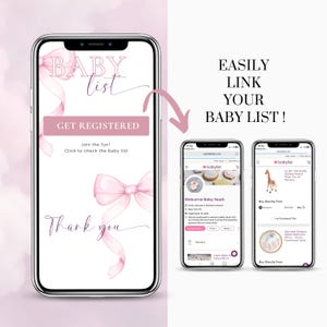 Editable Pink Bow Baby Shower digital invitation with Baby List link – Easily connect your baby registry to your Canva evite. Mobile-friendly design with 'Get Registered' button and thank you message. Perfect for girl baby shower with coquette pink theme. Add Amazon or Babylist links for a seamless guest experience. Ideal for modern online baby shower planning.