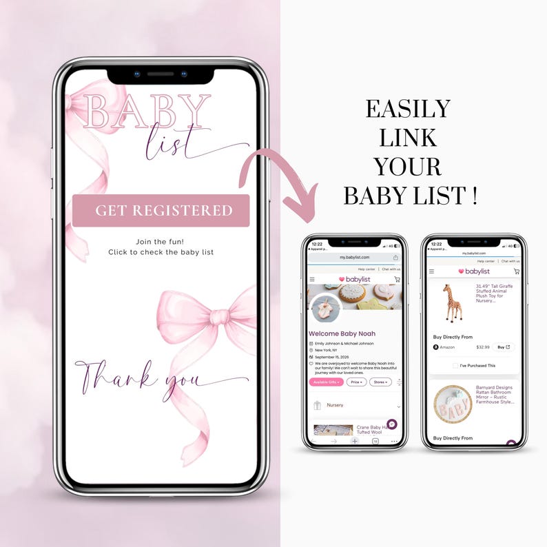 Editable Pink Bow Baby Shower digital invitation with Baby List link – Easily connect your baby registry to your Canva evite. Mobile-friendly design with 'Get Registered' button and thank you message. Perfect for girl baby shower with coquette pink theme. Add Amazon or Babylist links for a seamless guest experience. Ideal for modern online baby shower planning.
