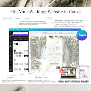 Edit your wedding website in Canva. Customize elements, icons, photos, text, fonts, colors, pages and backgrounds for your digital sage green wedding invitation. Canva editor screenshot showing editable wedding website template with floral design. Includes video and written tutorials for easy setup. Perfect for modern online wedding invites with RSVP link.