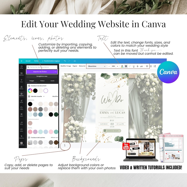 Edit your wedding website in Canva. Customize elements, icons, photos, text, fonts, colors, pages and backgrounds for your digital sage green wedding invitation. Canva editor screenshot showing editable wedding website template with floral design. Includes video and written tutorials for easy setup. Perfect for modern online wedding invites with RSVP link.