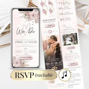 Blush Pink Digital Wedding Invitation with RSVP, Countdown & Music – Editable Animated Canva Template. Elegant online wedding invite with live timer, RSVP form, and Google Maps integration. Perfect modern wedding website design for couples who want a stylish paperless invitation to send via WhatsApp, email, or text. Fully customizable and eco-friendly template.