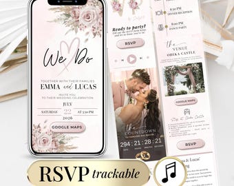 Blush Digital Wedding Invitation with RSVP & Music | Animated Canva Template Online Wedding Invite with Countdown | Invitation Mariage
