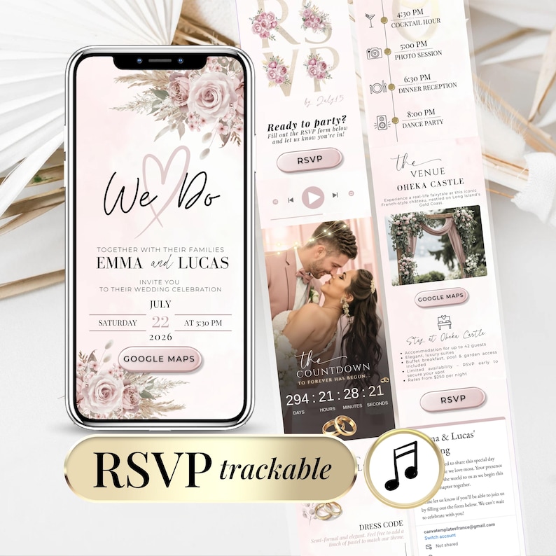 Blush Pink Digital Wedding Invitation with RSVP, Countdown & Music – Editable Animated Canva Template. Elegant online wedding invite with live timer, RSVP form, and Google Maps integration. Perfect modern wedding website design for couples who want a stylish paperless invitation to send via WhatsApp, email, or text. Fully customizable and eco-friendly template.