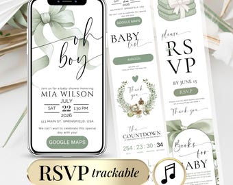 May include: A digital baby shower invitation displayed on a smartphone screen and a vertical layout, featuring sage green ribbons, a baby bottle illustration, and text including Mia Wilson, July 22 2026, RSVP, and Google Maps. A gold button reads RSVP trackable.