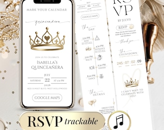Elegant Quinceañera Invitation Website | Champagne Gold, Trackable RSVP (Digital Download)