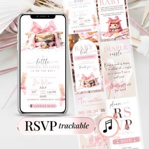 Peut inclure: Une invitation numérique pour une fête prénatale affichée sur un écran de smartphone, présentant un graphique de s'more avec un nœud rose, le texte A little S'more to love is on the way, les détails de l'événement du 22 juillet 2026 et un bouton Google Maps.