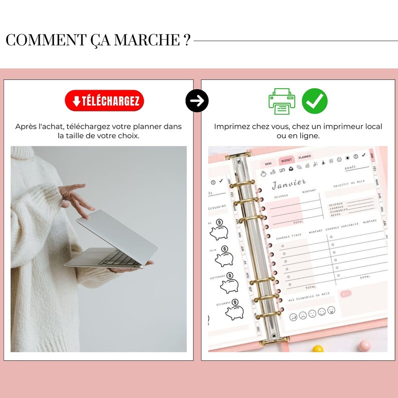 Planificateur de budget français élégant et pratique, incluant un agenda, suivi des dépenses et finances, non daté. Utilisation flexible en format imprimé ou digital, parfait pour organiser vos finances personnelles efficacement.