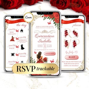 Red Quinceañera Invitation Digital Editable Sweet 15 & 16 Birthday Invite Mis Quince RSVP Template - Floral Quinceanera Invite Girl Red Gold