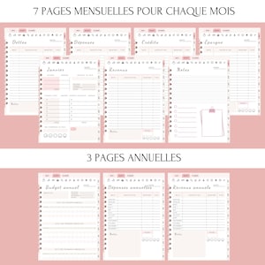 Budget planner français, non daté, avec checklist, suivi des dépenses mensuelles et annuelles. Idéal pour une gestion financière organisée. Design pratique pour impression ou utilisation digitale, adapté aux objectifs financiers personnels.