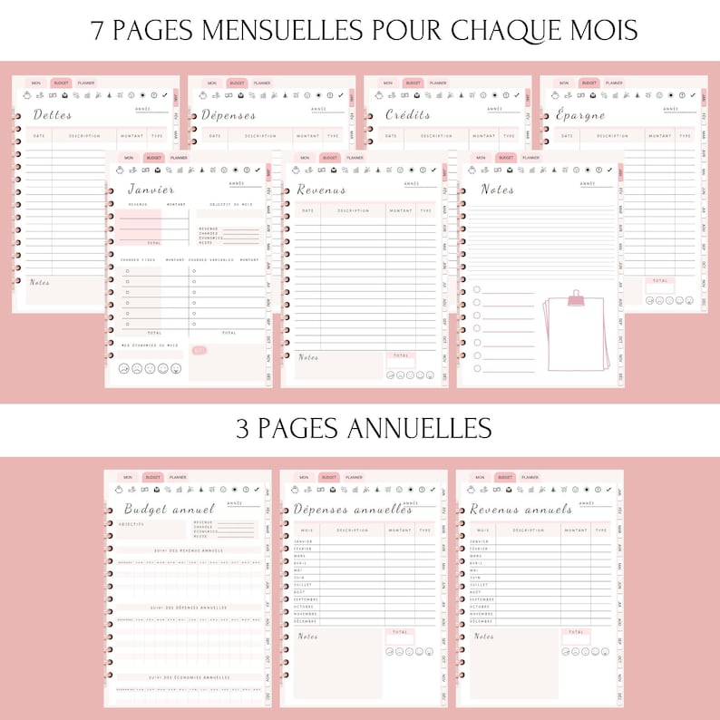 Budget planner français, non daté, avec checklist, suivi des dépenses mensuelles et annuelles. Idéal pour une gestion financière organisée. Design pratique pour impression ou utilisation digitale, adapté aux objectifs financiers personnels.