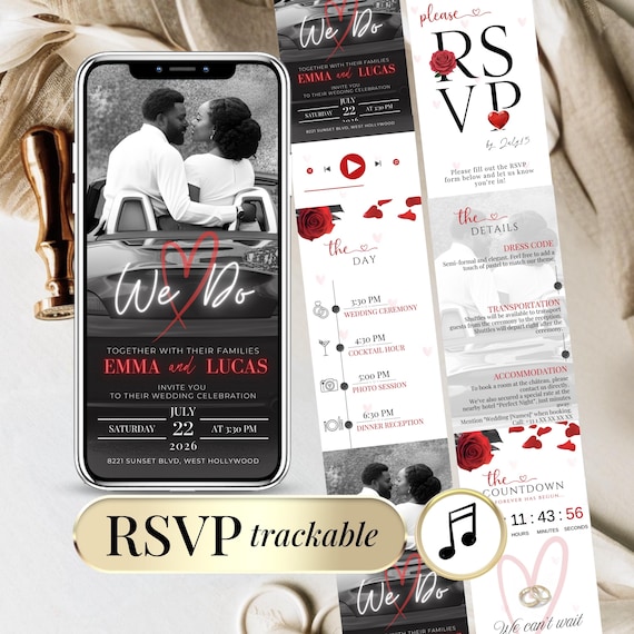 Wedding Invite Red – Trackable RSVP Wedding Invitation Digital Template, Music & Countdown – Editable Animated Invitation Mariage Canva