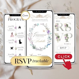 Invitación Quinceañera Digital - Fiesta de 15 Años Editable, Plantilla Floral Personalizable, RSVP Clickeable en Línea, Descarga Instantánea