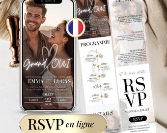 French Wedding Invitation with RSVP | Editable Canva Mobile Invite | Digital Wedding Website Template