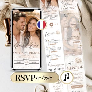 以下が含まれることがあります： スマートフォンに表示されたデジタル結婚式の招待状。カップルの写真、イベントの詳細、RSVPセクションが含まれています。招待状はフランス語で、「Olivia et Pierre」という名前とカウントダウンタイマーが表示されています。