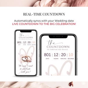Real-time countdown syncing to wedding date, animated digital invitation, RSVP form included, blush pink modern layout, mobile wedding website preview for instant RSVP.