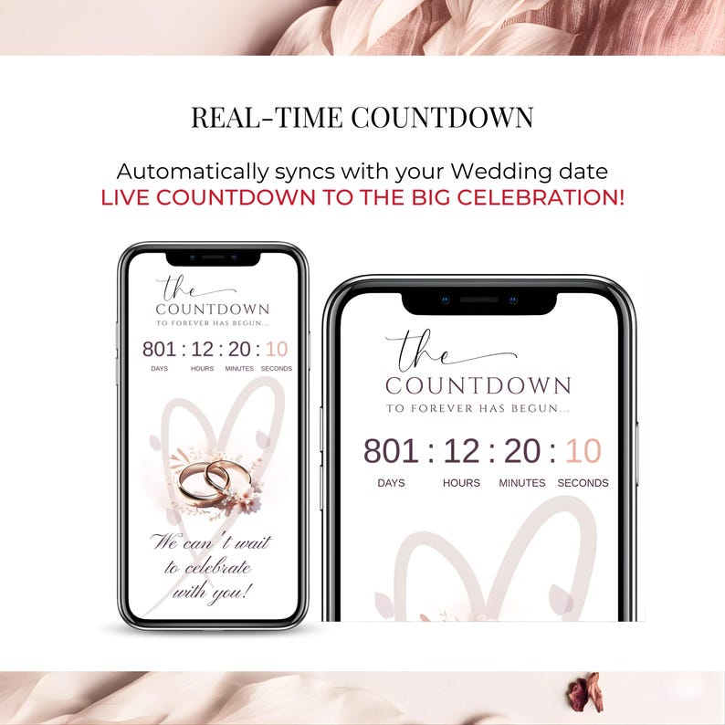 Real-time countdown syncing to wedding date, animated digital invitation, RSVP form included, blush pink modern layout, mobile wedding website preview for instant RSVP.