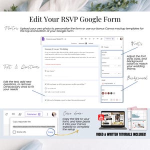 Edit your RSVP Google Form step by step, customize wedding guest questions, online wedding invitation with Google Forms RSVP, digital wedding website template easy to manage