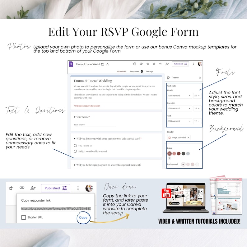 Edit your RSVP Google Form step by step, customize wedding guest questions, online wedding invitation with Google Forms RSVP, digital wedding website template easy to manage