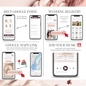 Google Maps link, wedding registry and music add-on preview for digital wedding invite, RSVP Google Form integration, blush animated Canva wedding template, full feature panel.